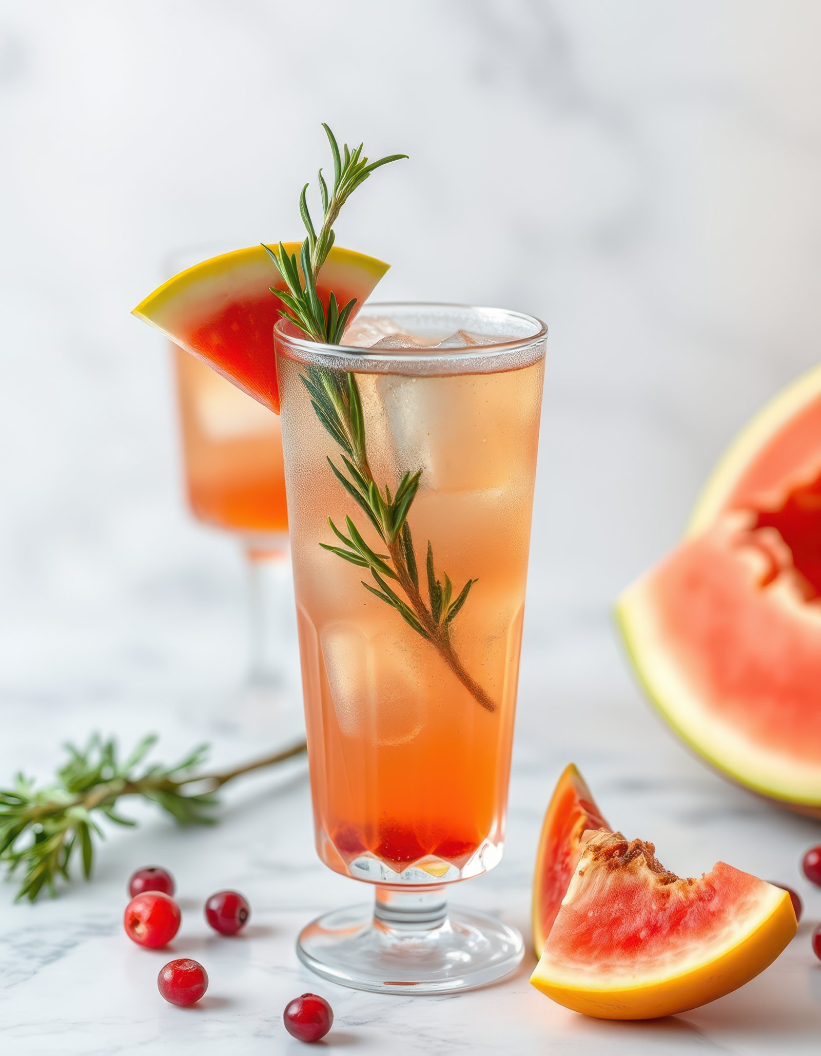 Refreshing drink made with watermelon and herbs served in a tall glass on a marble surface